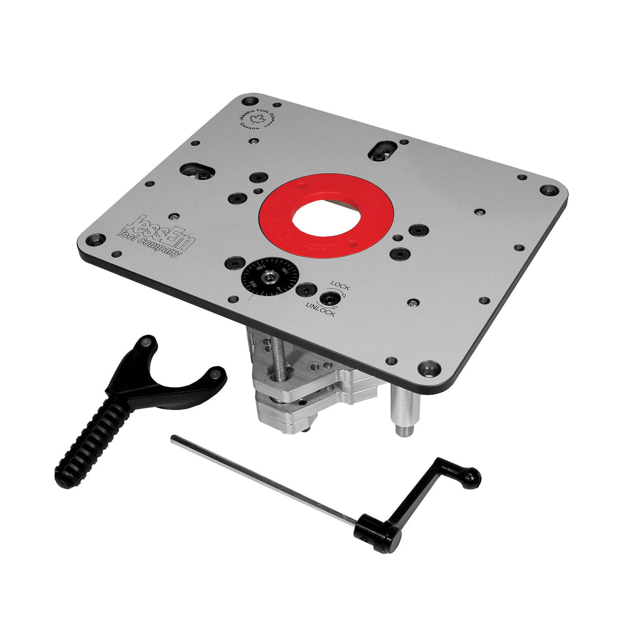 Router lift system with adjustment tools for precision woodworking on white background