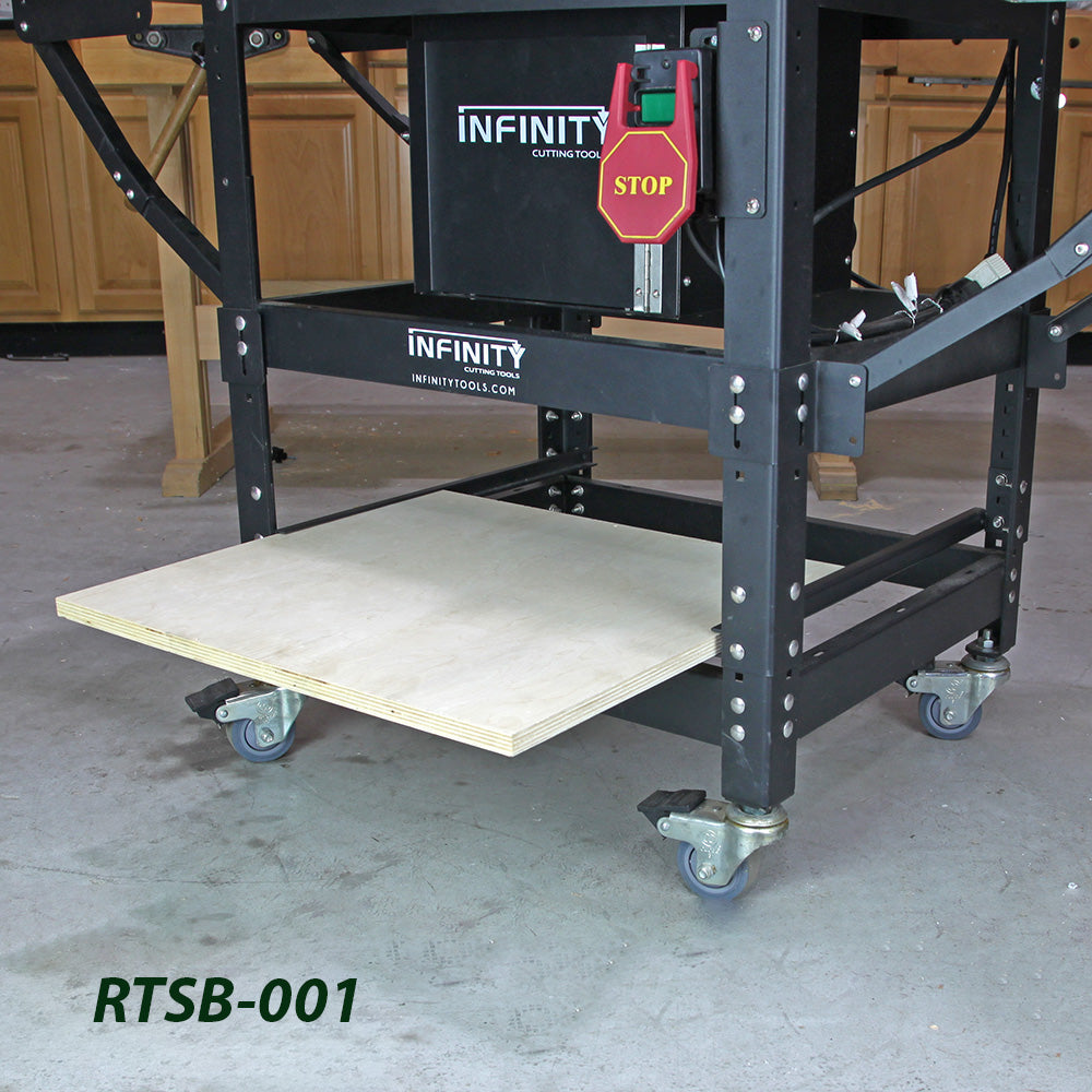 Router table stand with casters, safety stop switch, and lower plywood shelf for woodworking