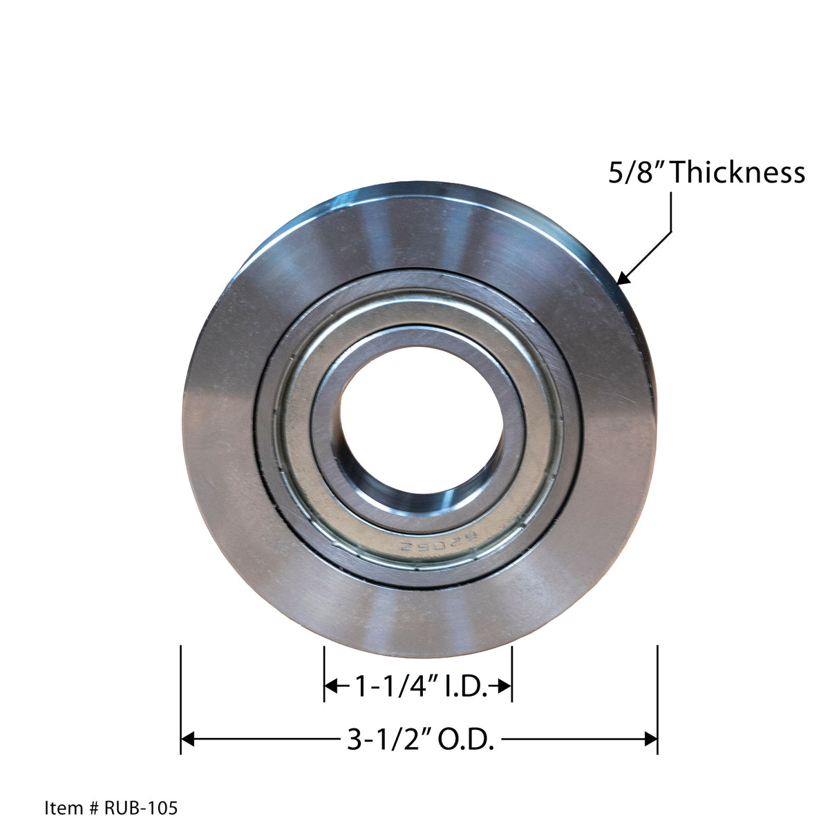 Steel ball bearing with 3-1/2 inch outer diameter, 1-1/4 inch inner diameter, 5/8 inch thickness.