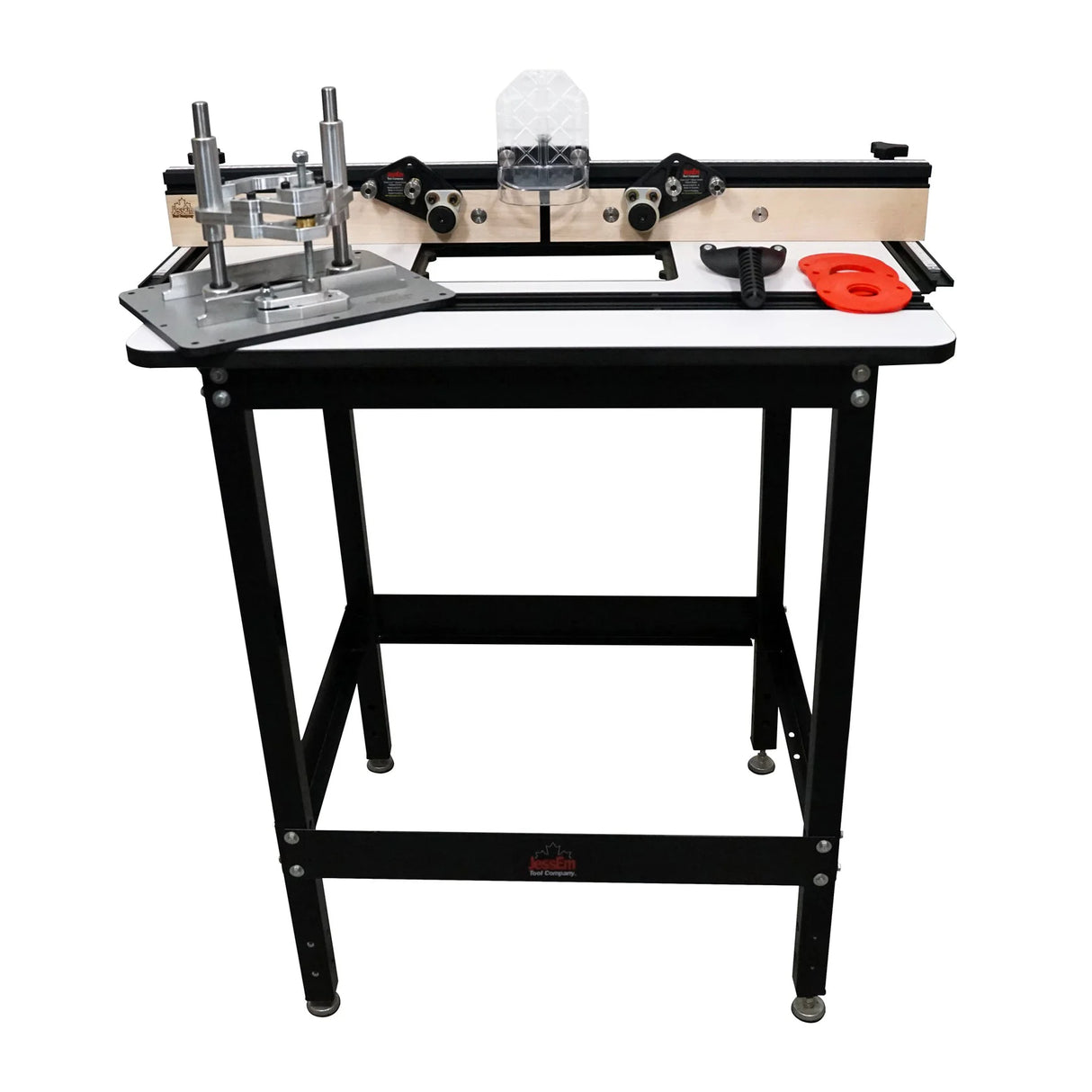 Router table package with adjustable fence, aluminum plate, and black metal frame for woodworking