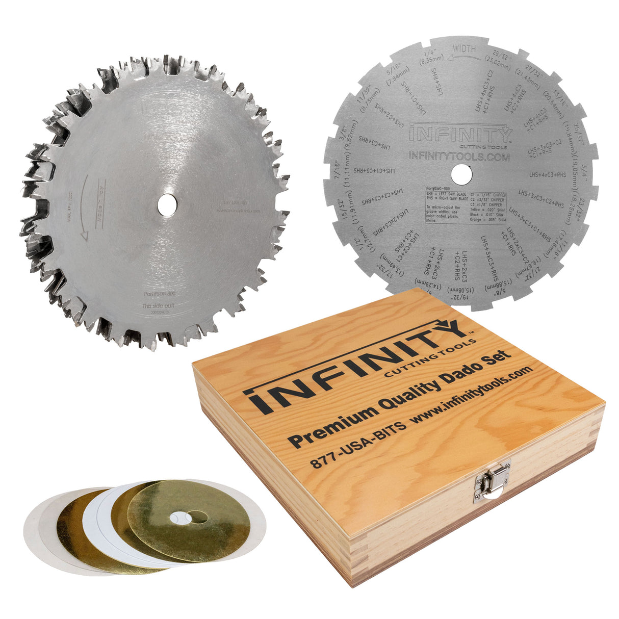 Infinity Cutting Tools saw blade set with wooden box on a white background