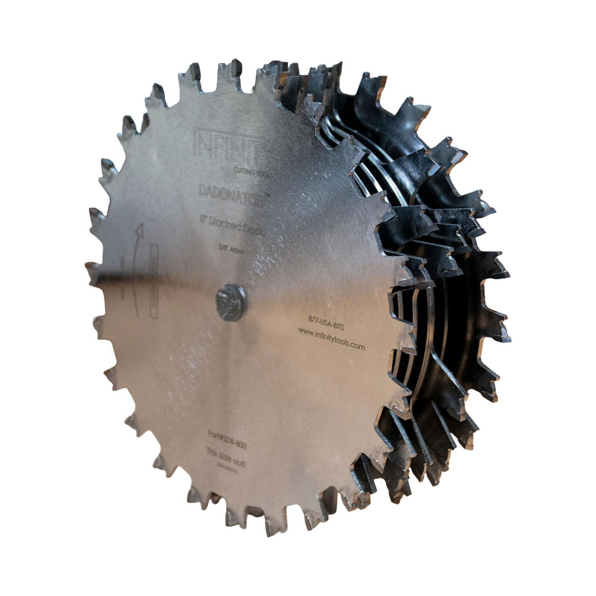 Dadonator stacked dado saw blade set on a white background.