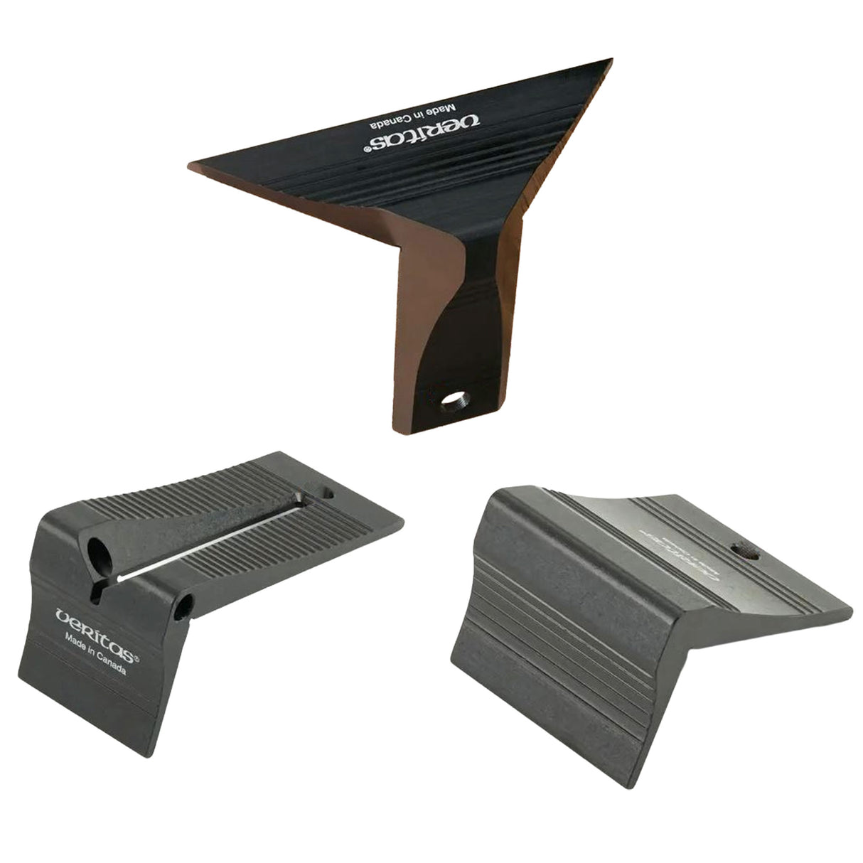 Three metal woodwork setup blocks on white background for precise woodworking setup