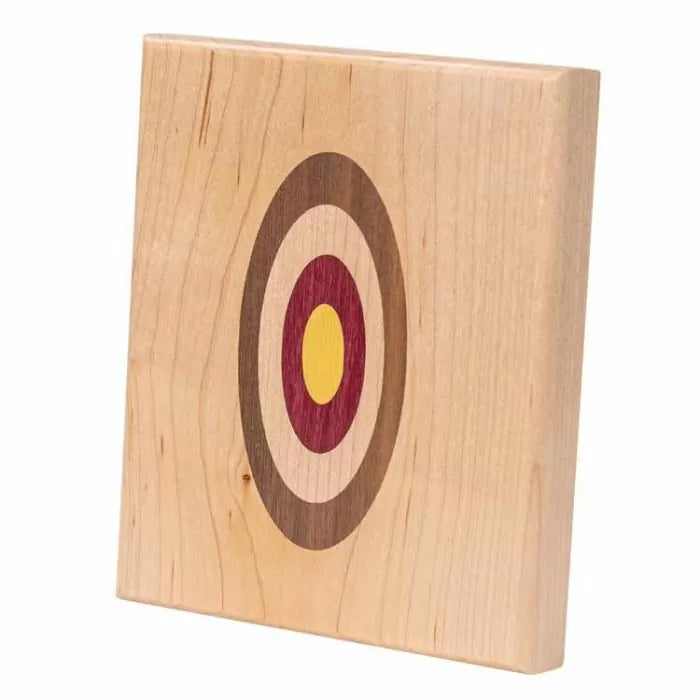 Square wood panel with multicolored concentric circles, perfect for woodworking projects.