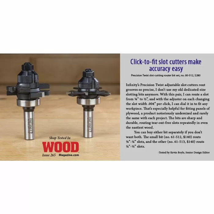 Precision Twist adjustable slot-cutting router bit set on wood surface with product details and Wood Magazine test badge visible.