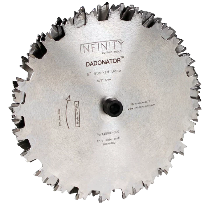 Paquete de 2 hojas de sierra Infinity de 8" con Dadonator y corte completo Super General, orificio de 5/8"