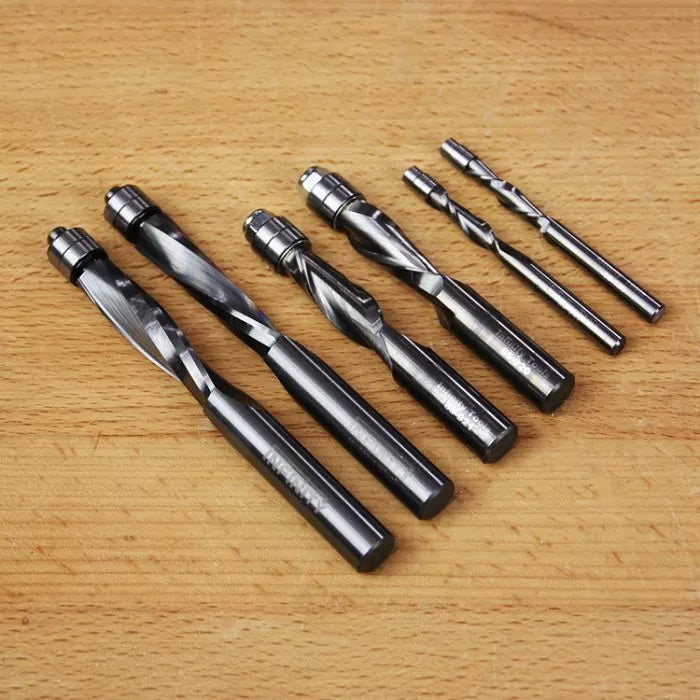 Infinity Tools 1/4" Shank x 1/4" Cutter Diameter x 1" Cutter Length. Solid Carbide Spiral Flush Trim Router Bits