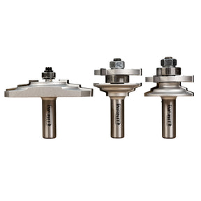Three-piece Art Deco cabinet door router bit set with detailed carbide cutting edges