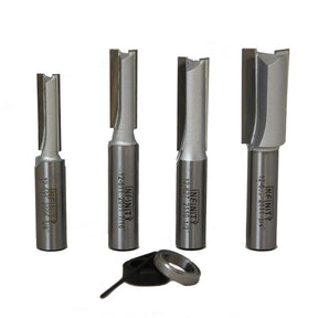 Set of four straight router bits with bearing and hex key for woodworking projects