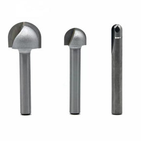 Set of three ball nose router bits for woodworking on a white background.