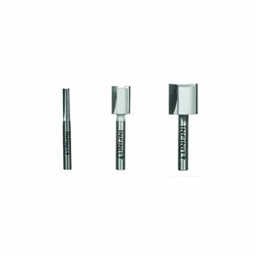 Set of three straight router bits on white background for woodworking precision cuts