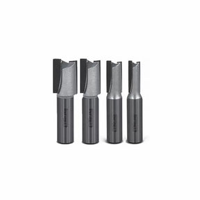 Set of four straight router bits for woodworking, displayed upright on white background