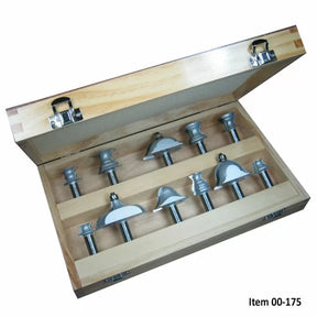 Woodworking router bit set in wooden storage case with ten assorted bits displayed.
