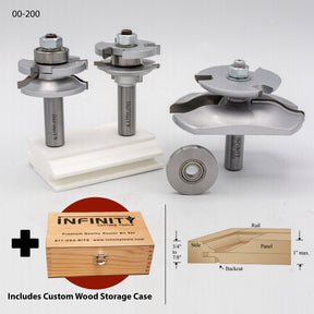 Router bit set with wooden storage case and joinery diagram for woodworking projects