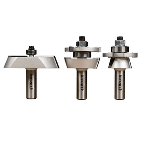 Three-piece shaker cabinet door router bit set with metal cutting edges on white background