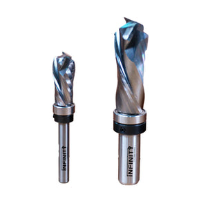 Two spiral router bits with carbide tips for woodworking, shown upright on white background.