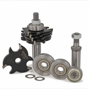 Stacked dado router bit set with bearings and spacers for woodworking precision cuts