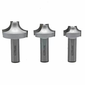 Set of three roundover router bits for woodworking on white background