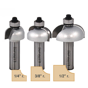 Three roundover router bits with 1/4, 3/8, and 1/2 inch radius cutting edges.
