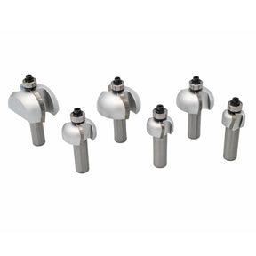 Set of six metal roundover router bits with ball bearings, displayed on white background.