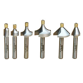 Set of six carbide-tipped woodworking router bits with various profiles on white background.