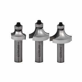 Set of three roundover router bits with ball bearings for woodworking projects
