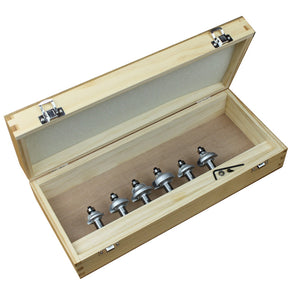 Wooden case with six round carbide-tipped router bits and hex key for woodworking