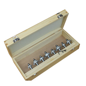 Wood router bit set in wooden case for woodworking, includes seven carbide-tipped bits and hex key