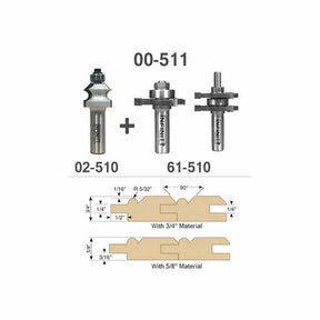 Router bit set for woodworking showing 02-510 and 61-510 bits with joinery profiles diagram.