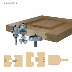 Cabinet door router bit set with sample wooden door panel and joinery profiles for woodworking.