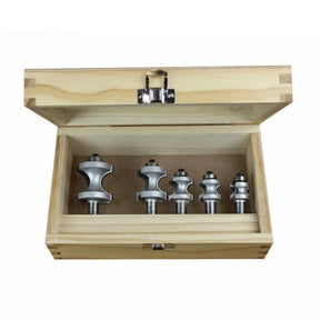 Woodworking router bit set in wooden storage box, five roundover bits for shaping edges