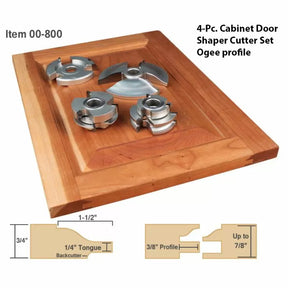 4-piece cabinet door shaper cutter set with ogee profile on a wooden panel, includes profile diagrams.