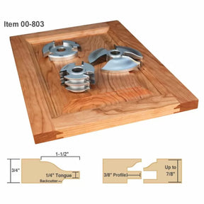 Cabinet door making router bit set with three carbide-tipped cutters on a wooden frame and joinery profile diagrams.