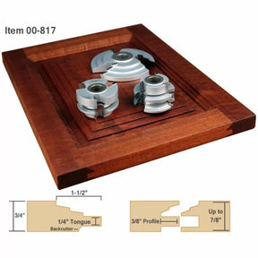 Cabinet door router bit set with carbide cutters on a wood panel, woodworking joinery diagram