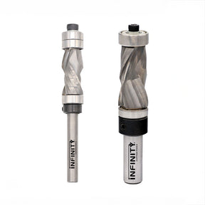 Two carbide spiral flush trim router bits with bearings, used for woodworking precision cuts