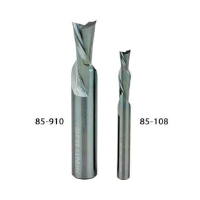 Two spiral router bits with IDs 85-910 and 85-108, suitable for woodworking tasks