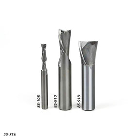 Three straight flute router bits of varying sizes for woodworking, labeled 85-108, 85-910, 85-918