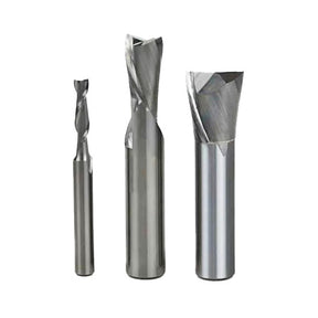 Three spiral upcut router bits for woodworking, displayed on white background