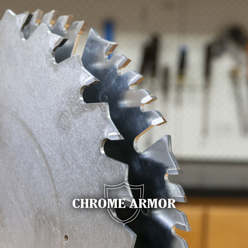 Close-up of a table saw blade with 'Chrome Armor' branding.
