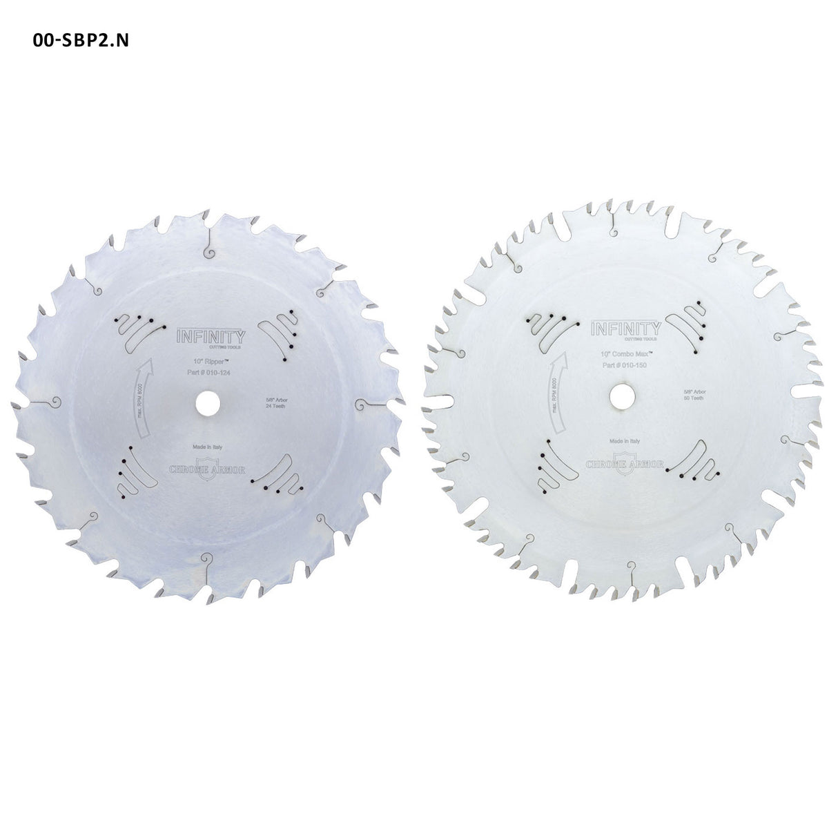 Two circular saw blades with 'Infinity' branding on a white background
