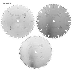 Three circular saw blades on a white background