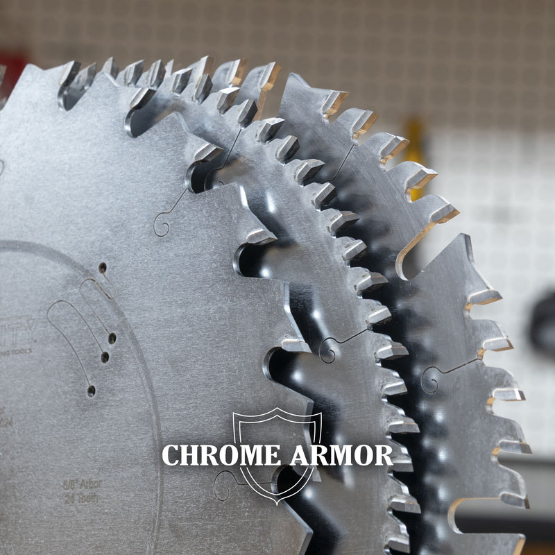 Close-up of a 3-pc saw blade set with 'Chrome Armor' branding.
