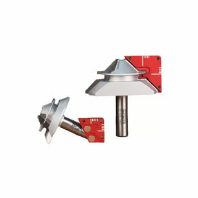 Carbide woodworking router bits with red alignment guides on a white background