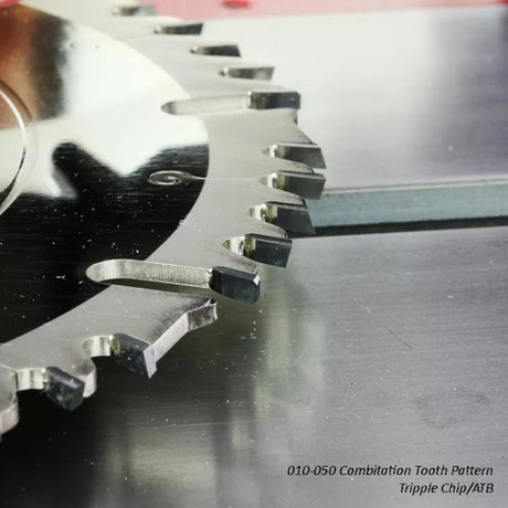 Close-up of a combination saw blade with triple chip and ATB tooth pattern on a table saw