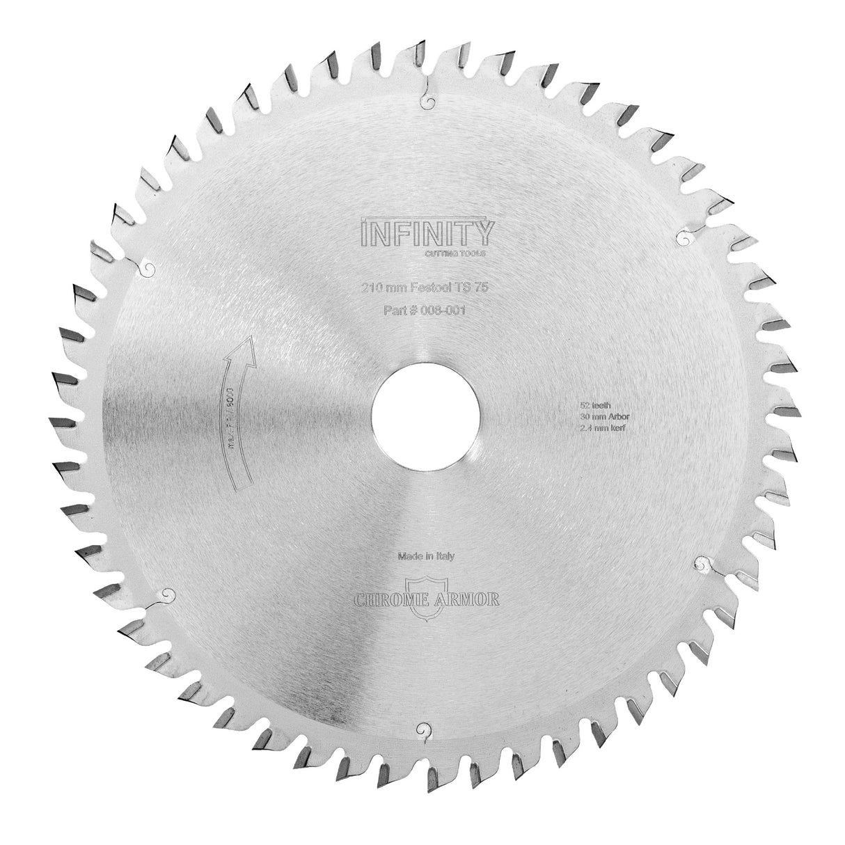 Circular saw blade with 'Infinity' branding on a white background