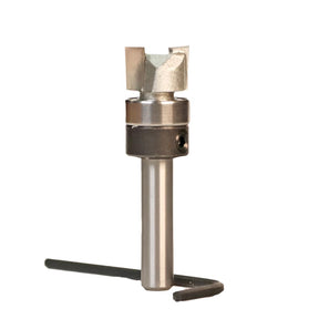 Carbide woodworking router bit with depth stop collar and hex key on white background
