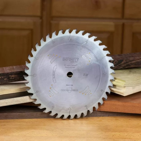 Carbide circular saw blade for woodworking displayed upright with wood boards
