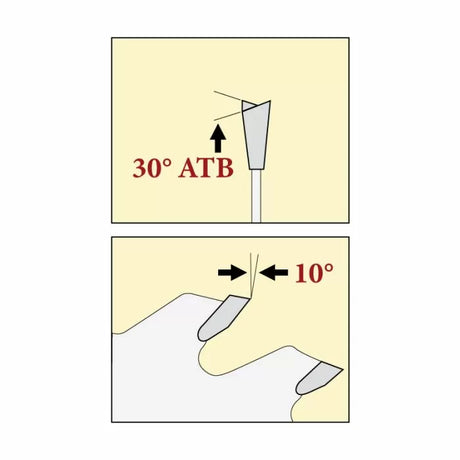 Saw blade teeth diagram showing 30 degree ATB angle and 10 degree hook angle for woodworking.