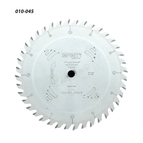 10-inch circular saw blade with 40 teeth, thin kerf, labeled part 010-045, woodworking tool
