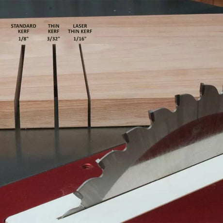 Table saw blade with wood showing standard kerf, thin kerf, and laser thin kerf cuts